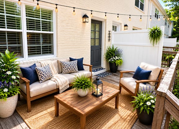 A patio with a white couch, a wooden coffee table, and a black lantern.