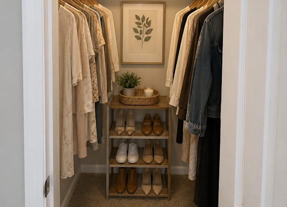 A white closet with clothes and shoes.