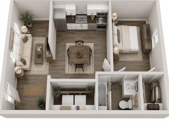 A top-down view of a small apartment with a kitchen, living room, and bathroom.