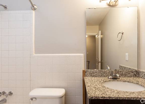 A bathroom with a white toilet and a granite countertop.