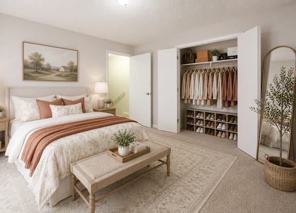 A bedroom with a large bed and a wardrobe.