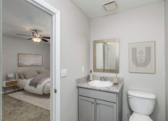 A bathroom with a toilet, sink, and bedroom in the background.