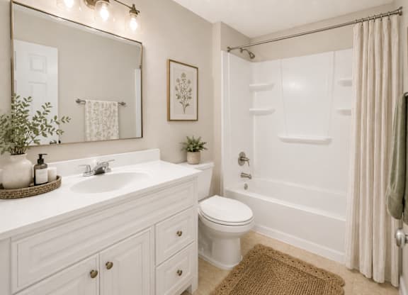 A white bathroom with a toilet, sink, and shower.