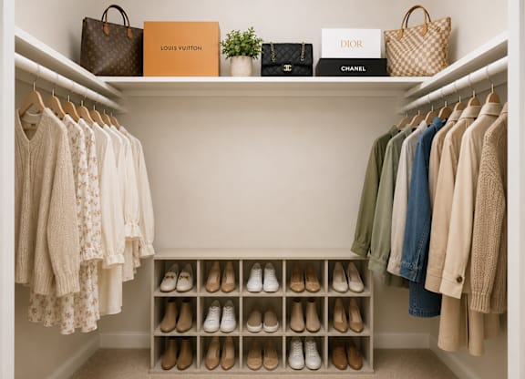 A closet with clothes and shoes on shelves and hangers.
