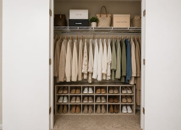 A closet with clothes and shoes organized on shelves and hangers.