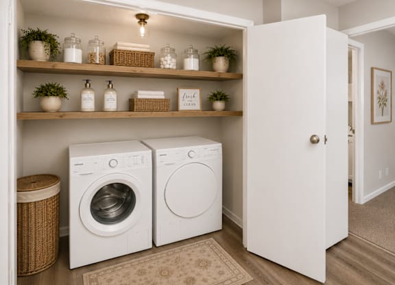 A laundry room with two washing machines and a shelf with various items.