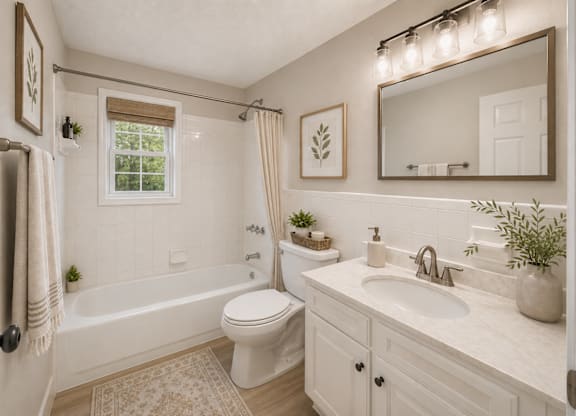 A white bathroom with a toilet, sink, and bathtub.