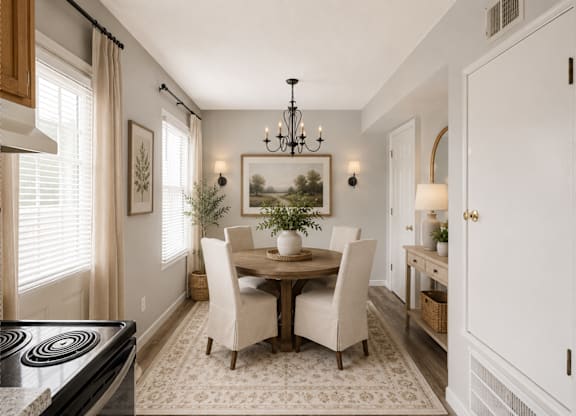 A dining room with a table set for four.
