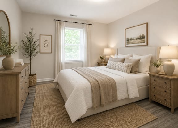 A bedroom with a large bed, two nightstands, and a window with curtains.