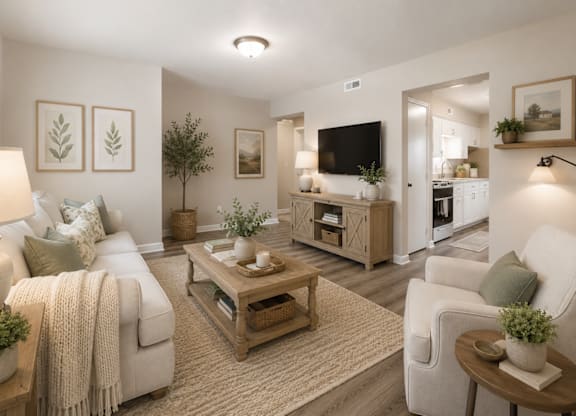 A living room with a white couch, a wooden coffee table, and a flat-screen TV mounted on the wall.
