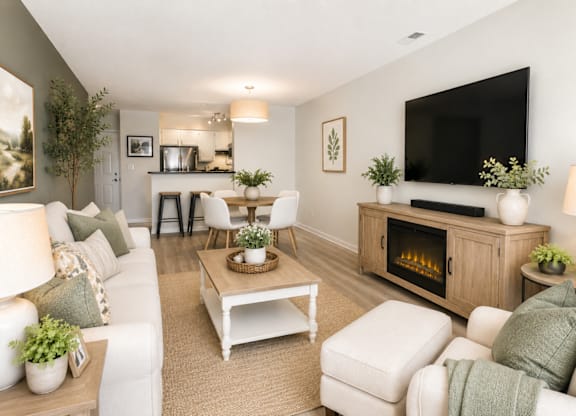 A living room with a fireplace and a television.