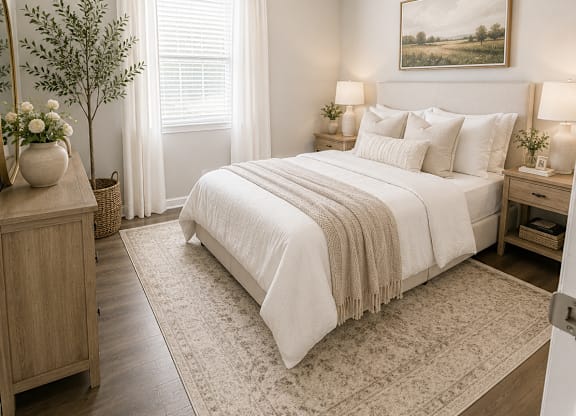 A bedroom with a large bed and a painting on the wall.
