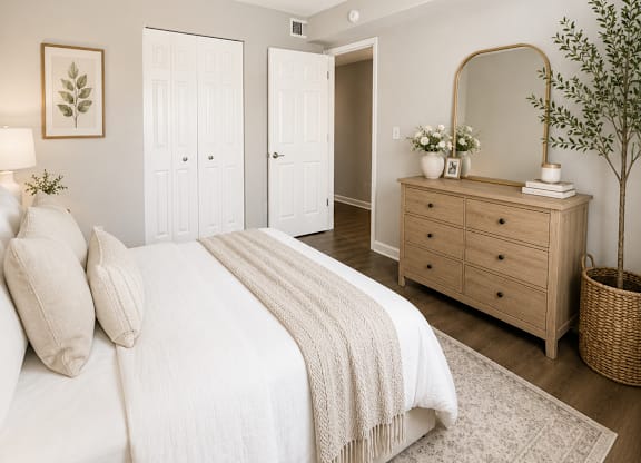 A bedroom with a bed, dresser, and mirror.