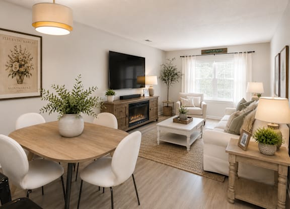 A living room with a white couch, a wooden table, and a television.