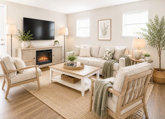 A living room with a fireplace, a couch, a chair, and a television.