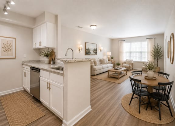 A modern kitchen with white cabinets and a dining table set for four.