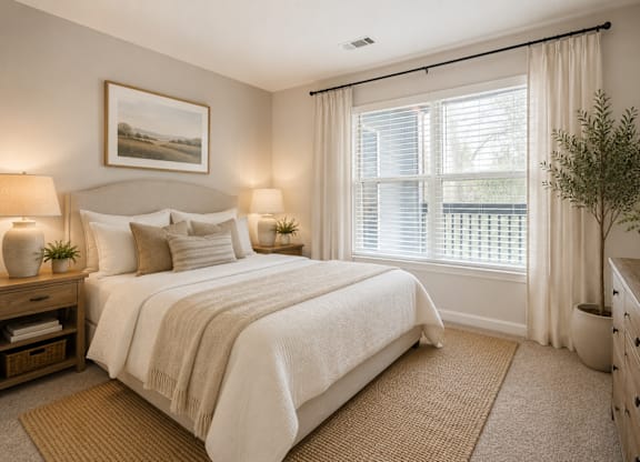 A bedroom with a large bed and a painting on the wall.