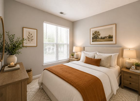 A bedroom with a large bed, a wooden nightstand, and a painting on the wall.