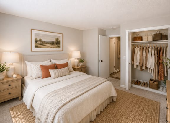 A bedroom with a large bed, a wardrobe, and a painting on the wall.