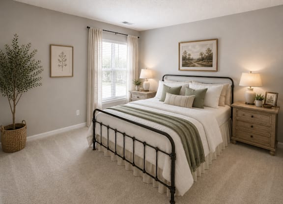 A bedroom with a large bed, nightstands, and a potted plant.