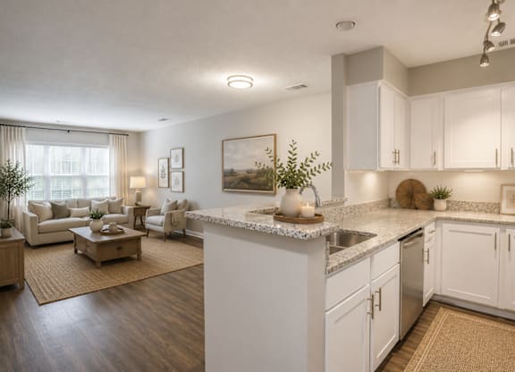A kitchen with white cabinets and a marble countertop.