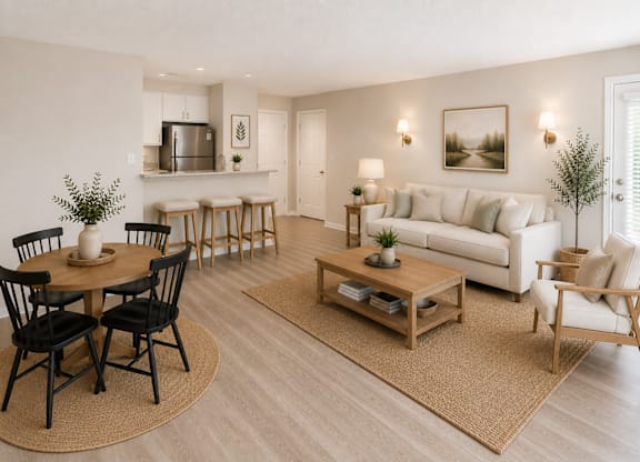 A living room with a sofa, chairs, and a coffee table.