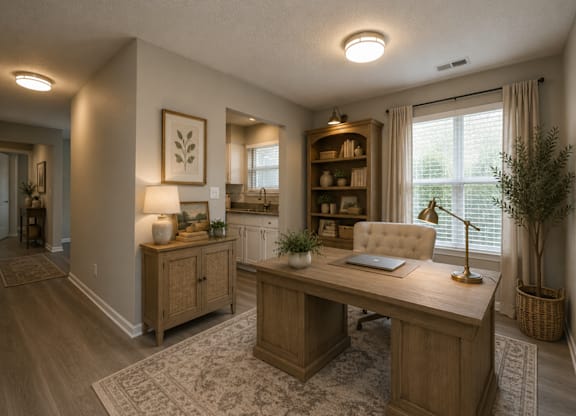 A home office with a wooden desk and a cabinet.