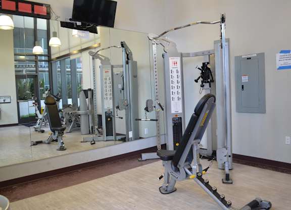 A gym with a mirror, weights, and exercise equipment.