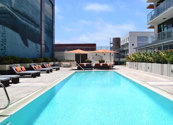 A large swimming pool with a blue tinted water surrounded by black sun loungers.