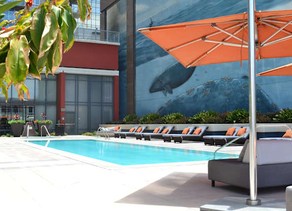 A pool area with a mural of a whale on the wall.