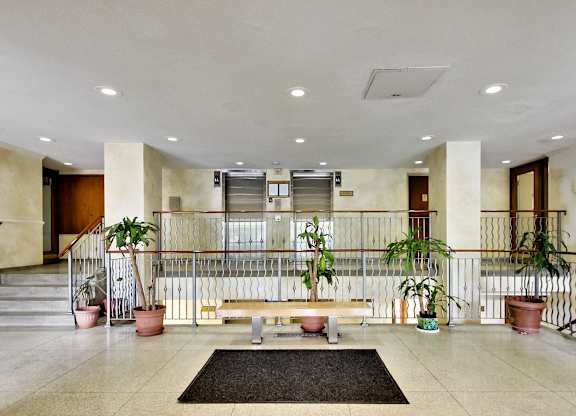 A hallway with a bench, potted plants, and a black mat on the floor.