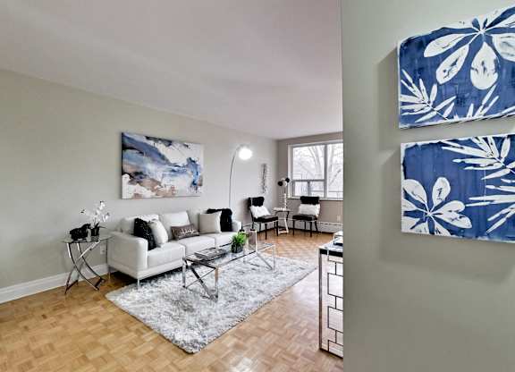 a living room with a white couch and a rug