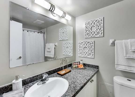 A bathroom with a white sink and a mirror above it.