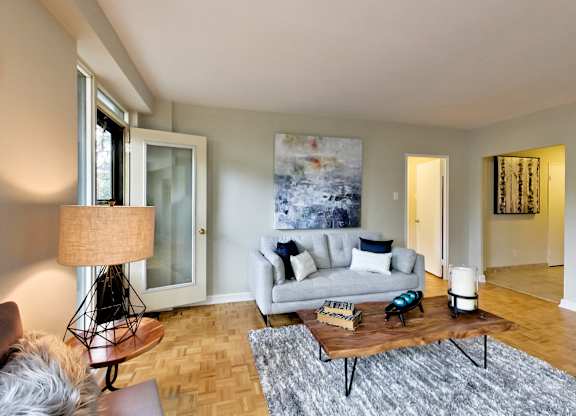 a living room with a couch and a coffee table