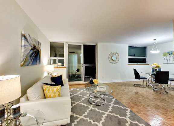 A living room with a white couch and a grey rug.