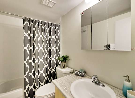 A bathroom with a white sink and a shower with a black and white curtain.