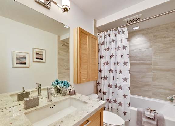 a bathroom with a shower curtain and a sink and a toilet