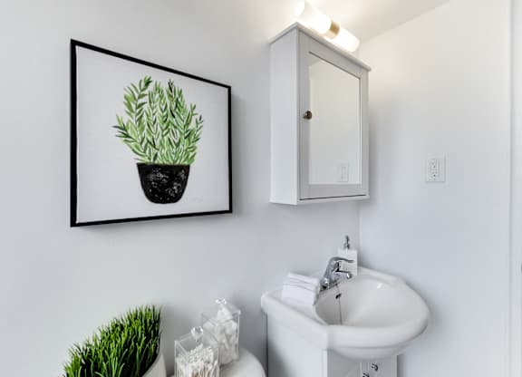 A bathroom with a white sink and a framed picture of a plant on the wall.