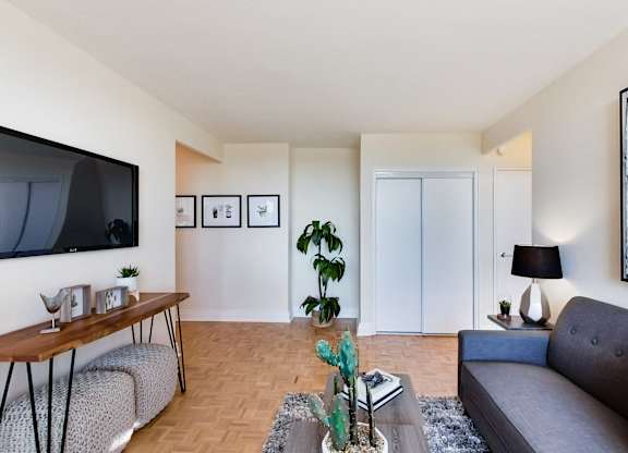 A living room with a grey couch, a wooden table, a television, and a plant.