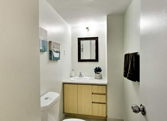 A bathroom with a toilet, sink, and mirror.