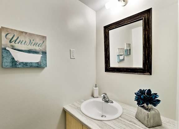 A bathroom with a white sink and a mirror.