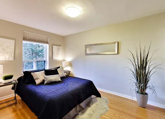 a bedroom with a bed and a potted plant