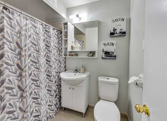 a bathroom with a shower curtain and a sink and a toilet
