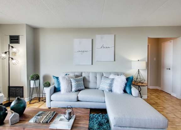 a living room with a couch and a coffee table