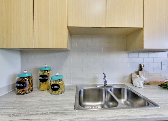 a kitchen counter with a sink and some jars on it