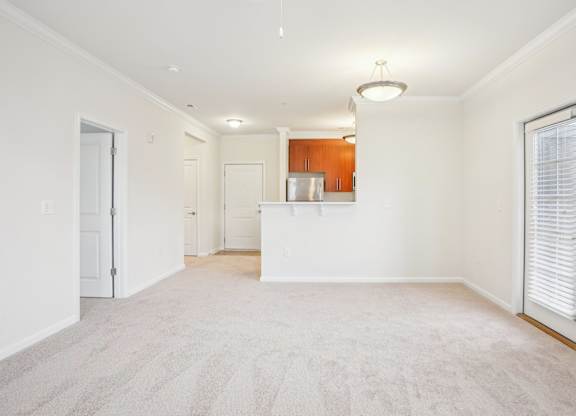 A spacious living room with a carpeted floor and a kitchen area in the background.