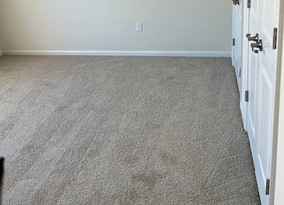 A room with a carpeted floor and a white door.