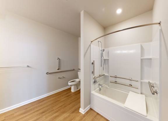 a bathroom with a garden tub and handrails