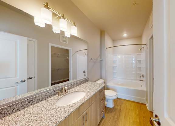 a bathroom with a tub and vanity lighting