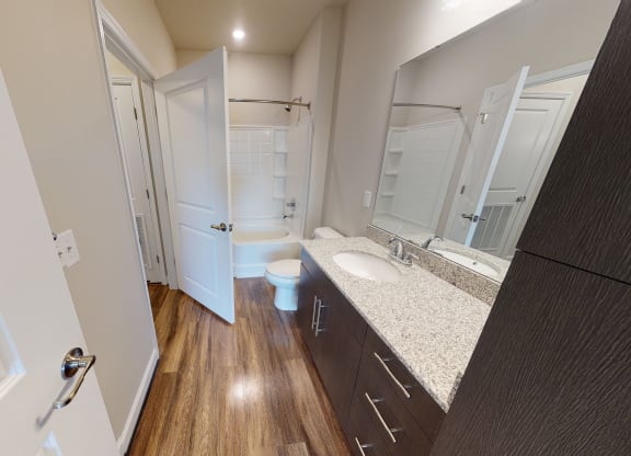 Bathroom with sink, toilet, shower and tub; walk-in closet